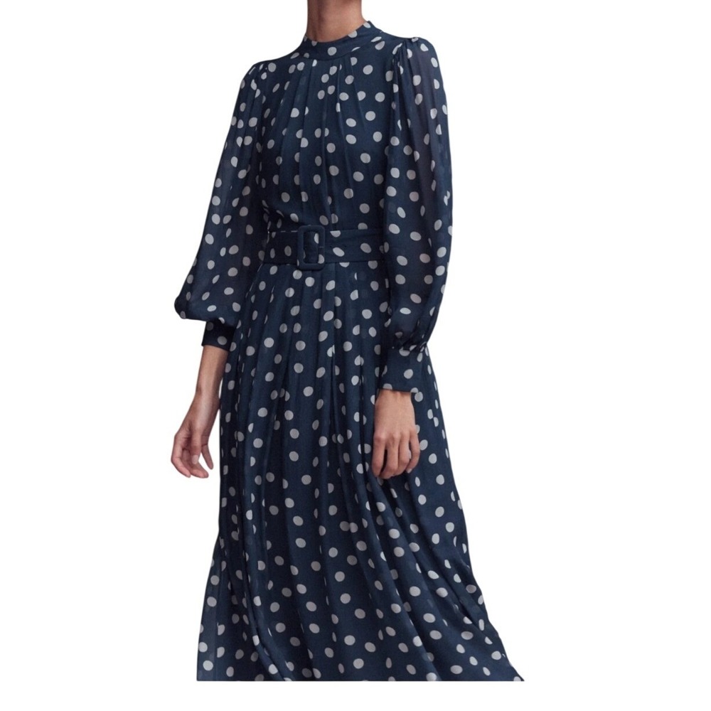 Boden Navy Blue Polka Dot High Neck Blouson Sleeve Belted Maxi Dress US 10R M
